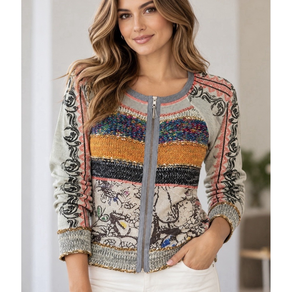 Lulu H Paris Mixed Patchwork Mesh Long Sleeve Zip Top Blouse Sz Large Sheer Boho